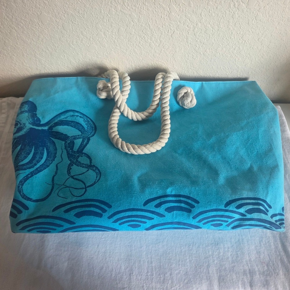Aquablue Octopus Canvas Beach Tote Bag Turquoise Blue Rope Handles Zip Closure
